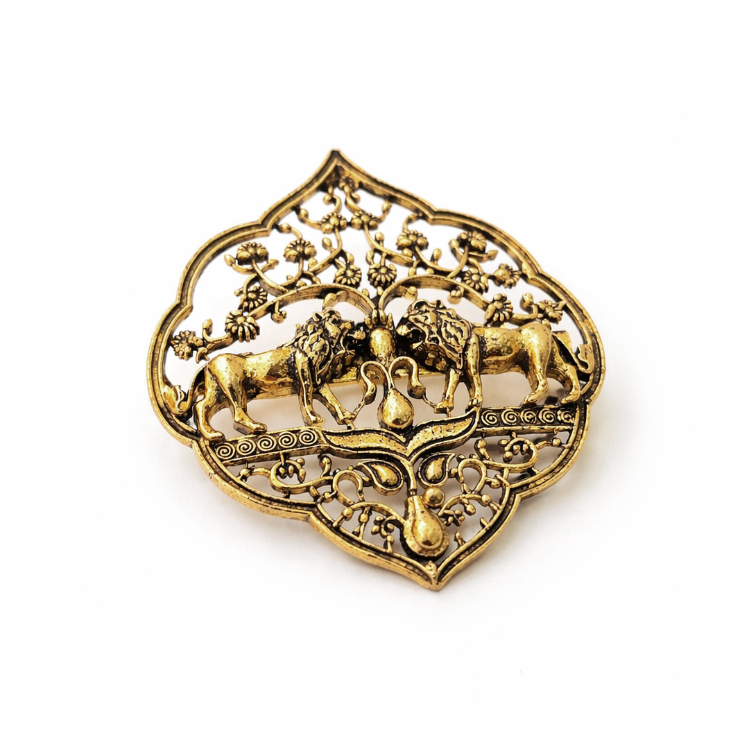Twin Lion Brass Brooch