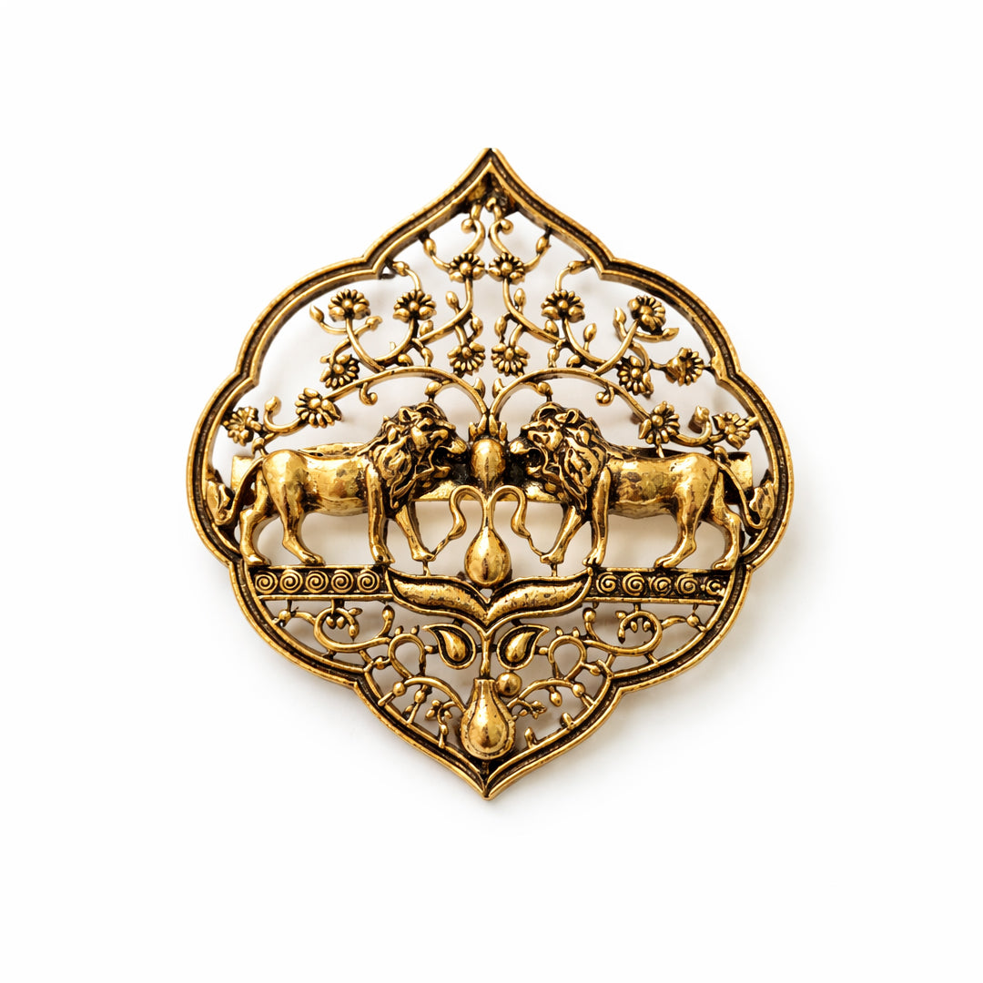Twin Lion Brass Brooch