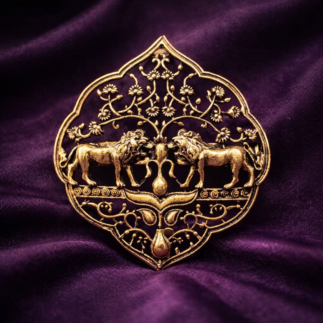 Twin Lion Brass Brooch