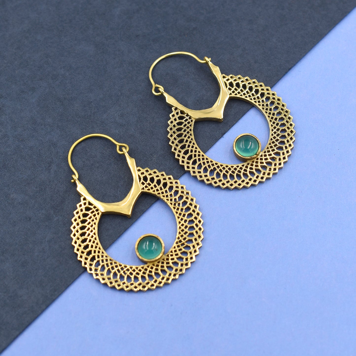 Green Onyx In Treasure Hoop Earrings