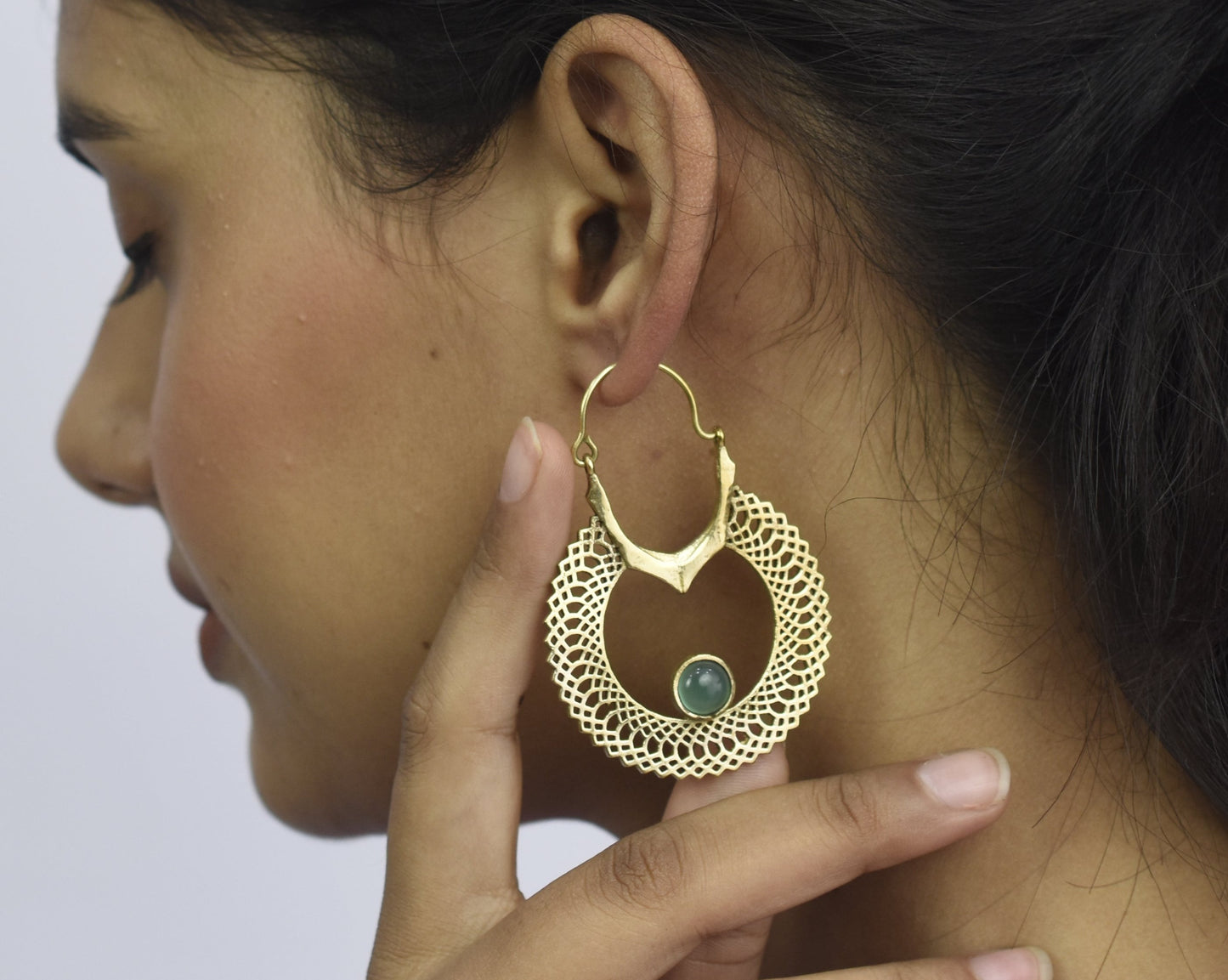 Green Onyx In Treasure Hoop Earrings