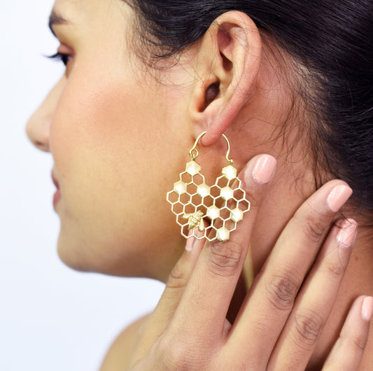 Bee Stuck In Honeycomb Hoop Earrings