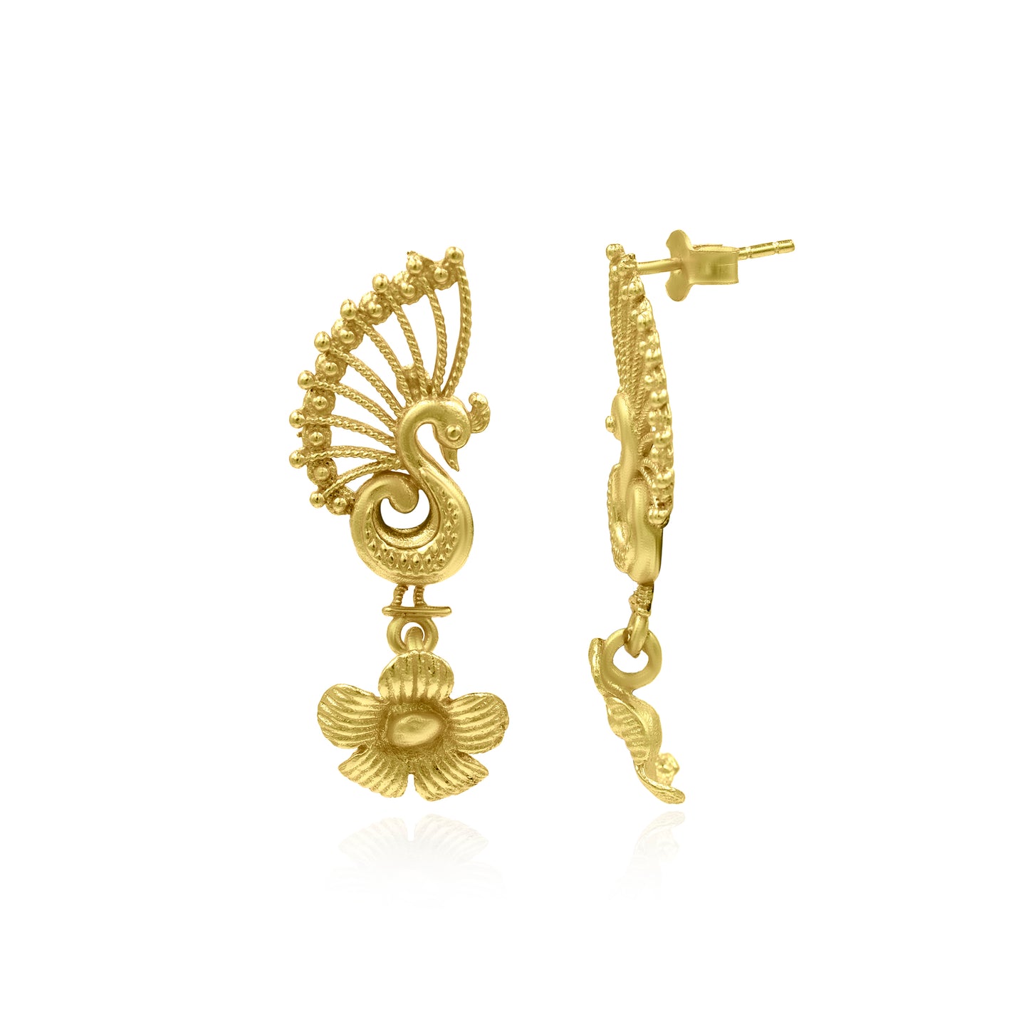 Dancing Peacock On Flower Stud Earrings